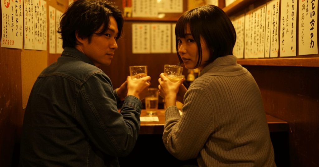 居酒屋のカウンターで隣同士に座る男女