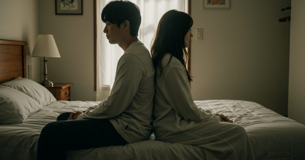 ベッドの端に座り背中を合わせている男女