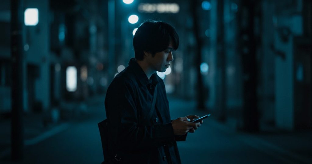 夜の街で一人スマホを操作する男性