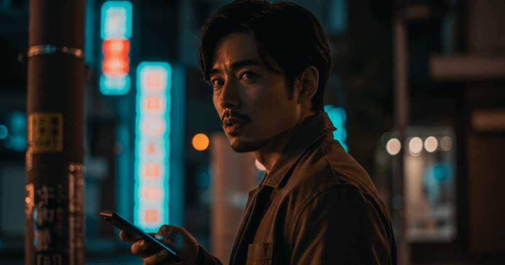夜の街でスマホを持ち佇んでいる男性