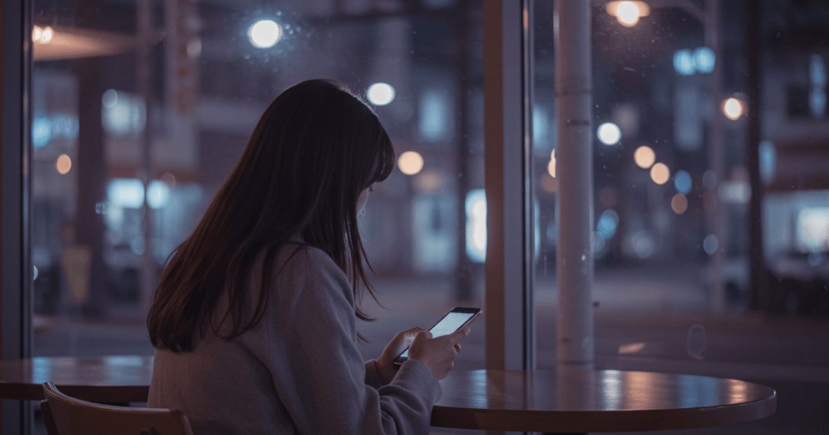 夜のカフェでスマホ画面を見つめる女性