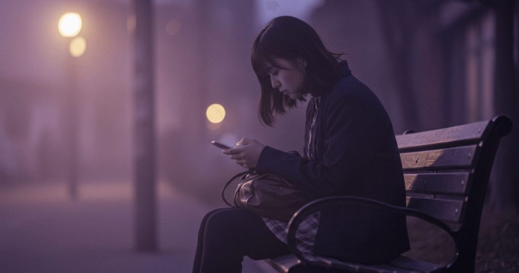 夜にベンチに座りスマホを操作する女性
