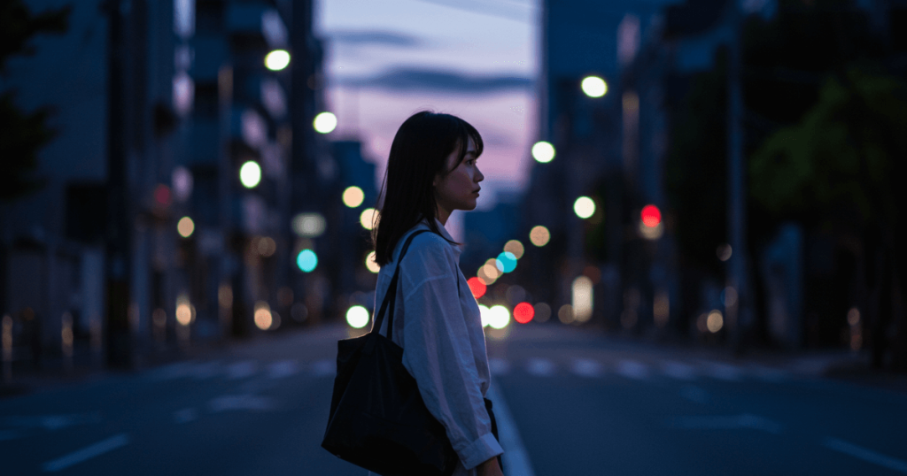 開けた車道を歩く女性