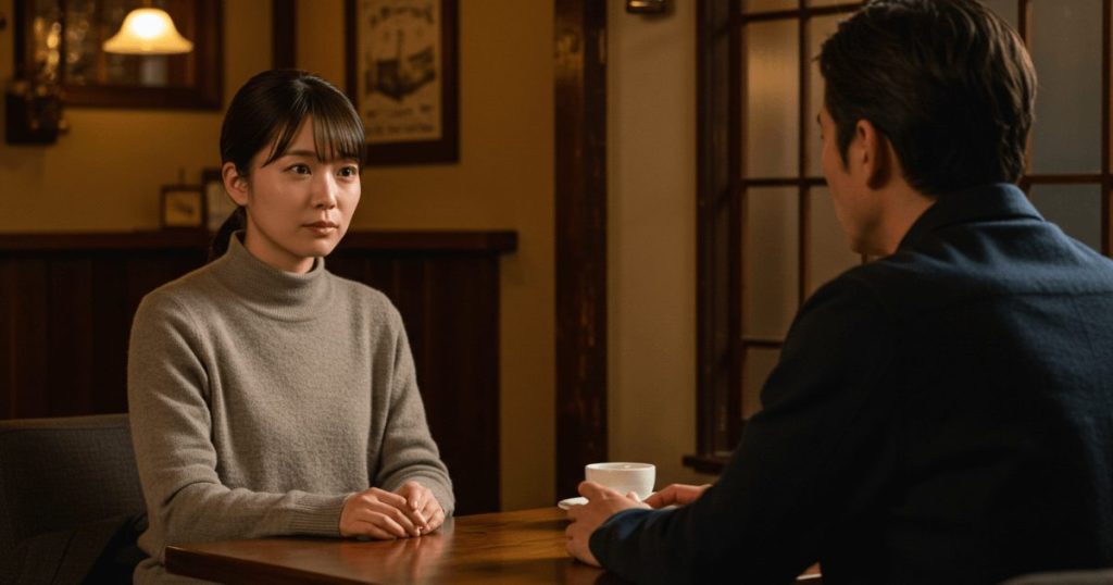 カフェで男性と向かい合い真剣な表情をしている女性