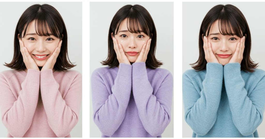 喜び、楽しさ、悲しみの表情をした女性