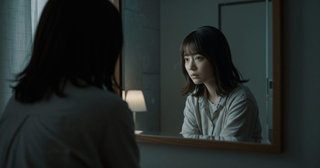 かがみの前で自分の顔をみつめる女性