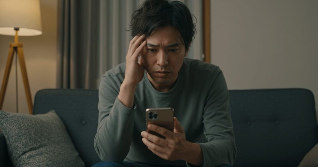 ソファーに座りスマホを操作して悩む男性